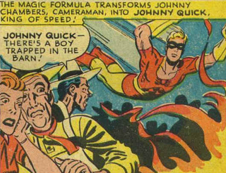 Golden Age speedster Johnny Quick belly-flopping into action.